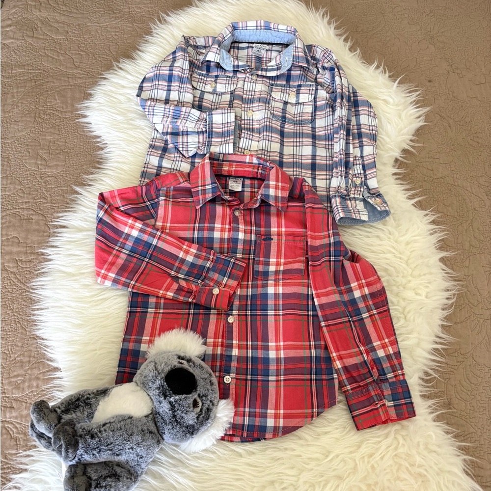 BUNDLE OF 3:Carter’s red Plaid Shirt, blue plaid shirt, size 4T,soft koala toy